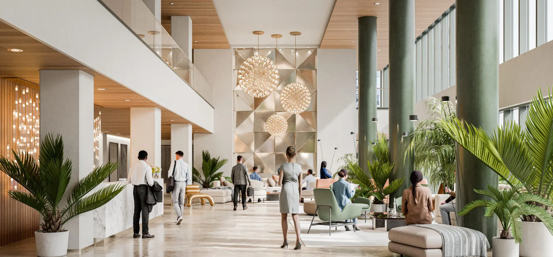 Modern hotel lobby with people and plants.