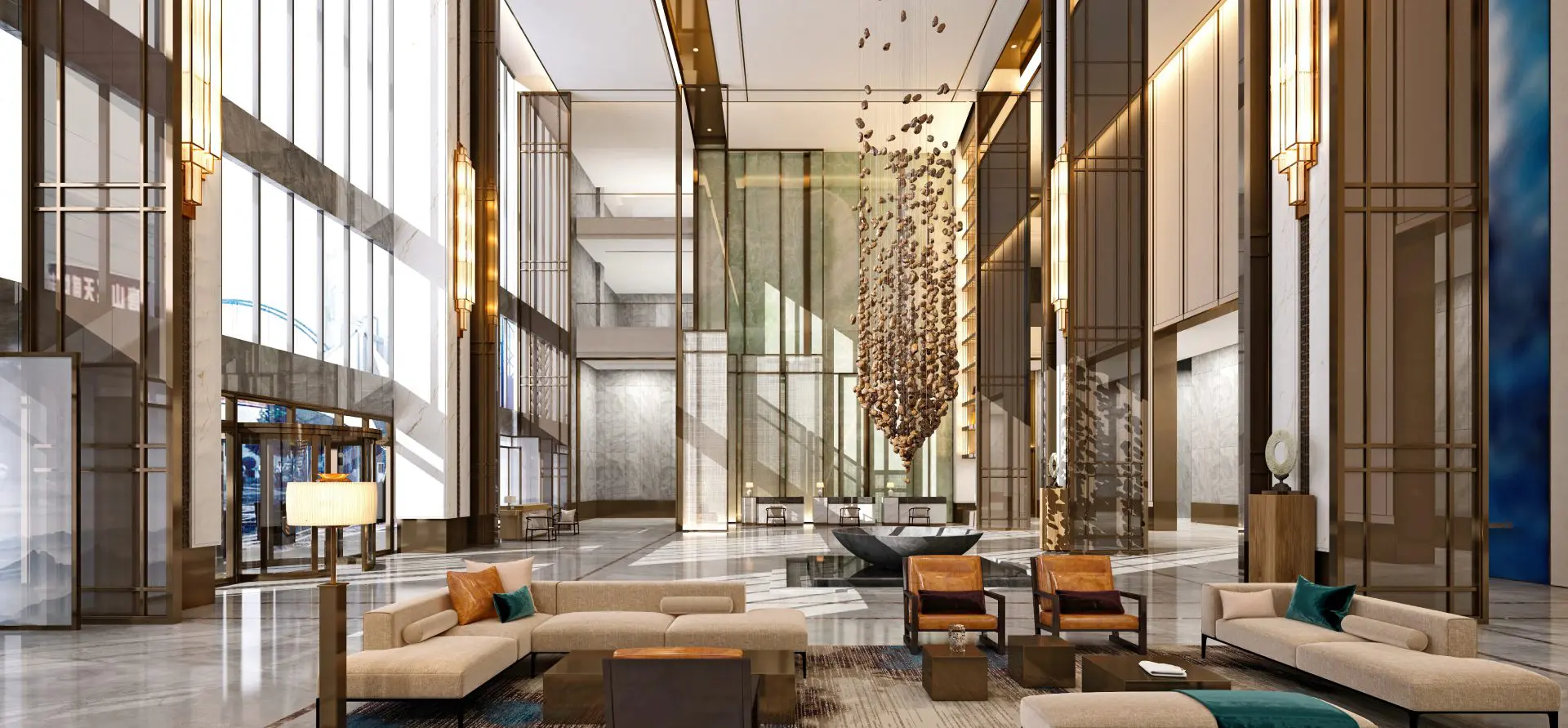 Spacious modern hotel lobby with seating area.