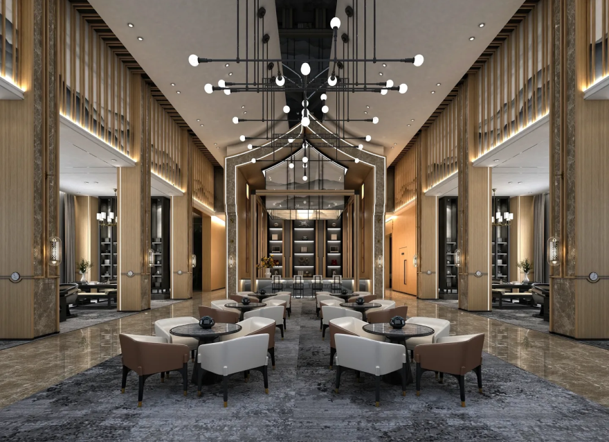 Modern hotel lobby with elegant seating area.